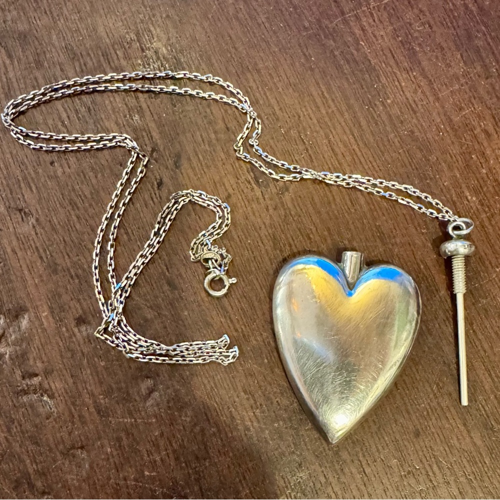 Sterling Silver Victorian H&Co heart perfume bottle pendant long chain necklace